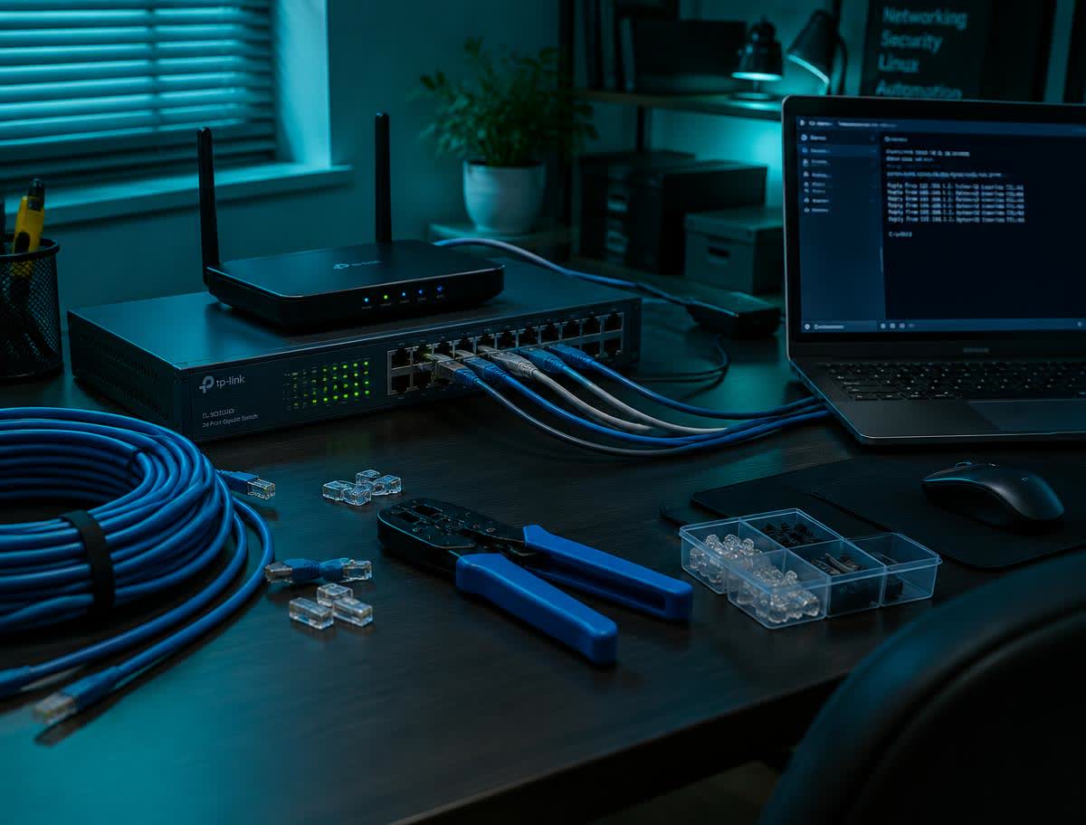 Workbench with a network switch, router and cabling tools