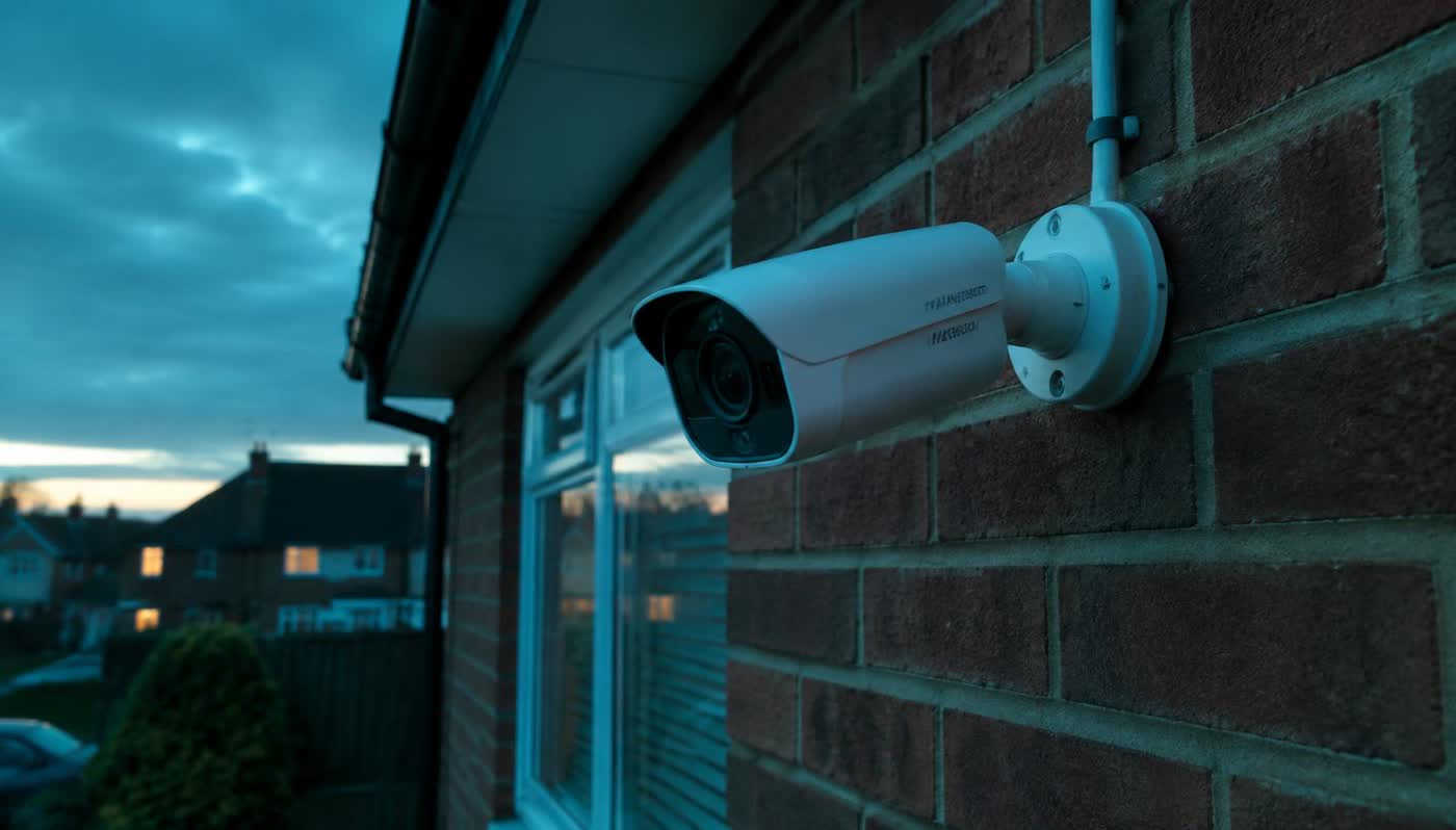Modern IP bullet camera mounted on a brick house at dusk