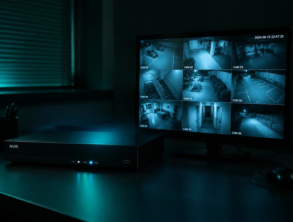 NVR recorder beside a monitor showing a grid of camera feeds