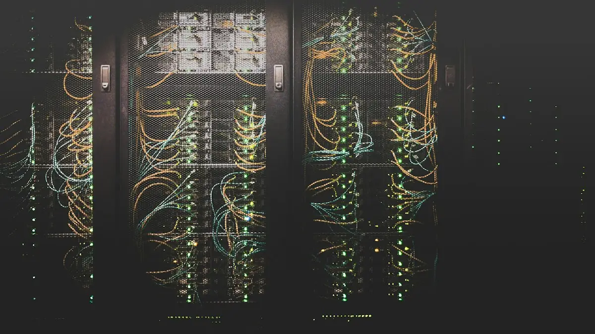 Rows of servers in a data centre with coloured cabling