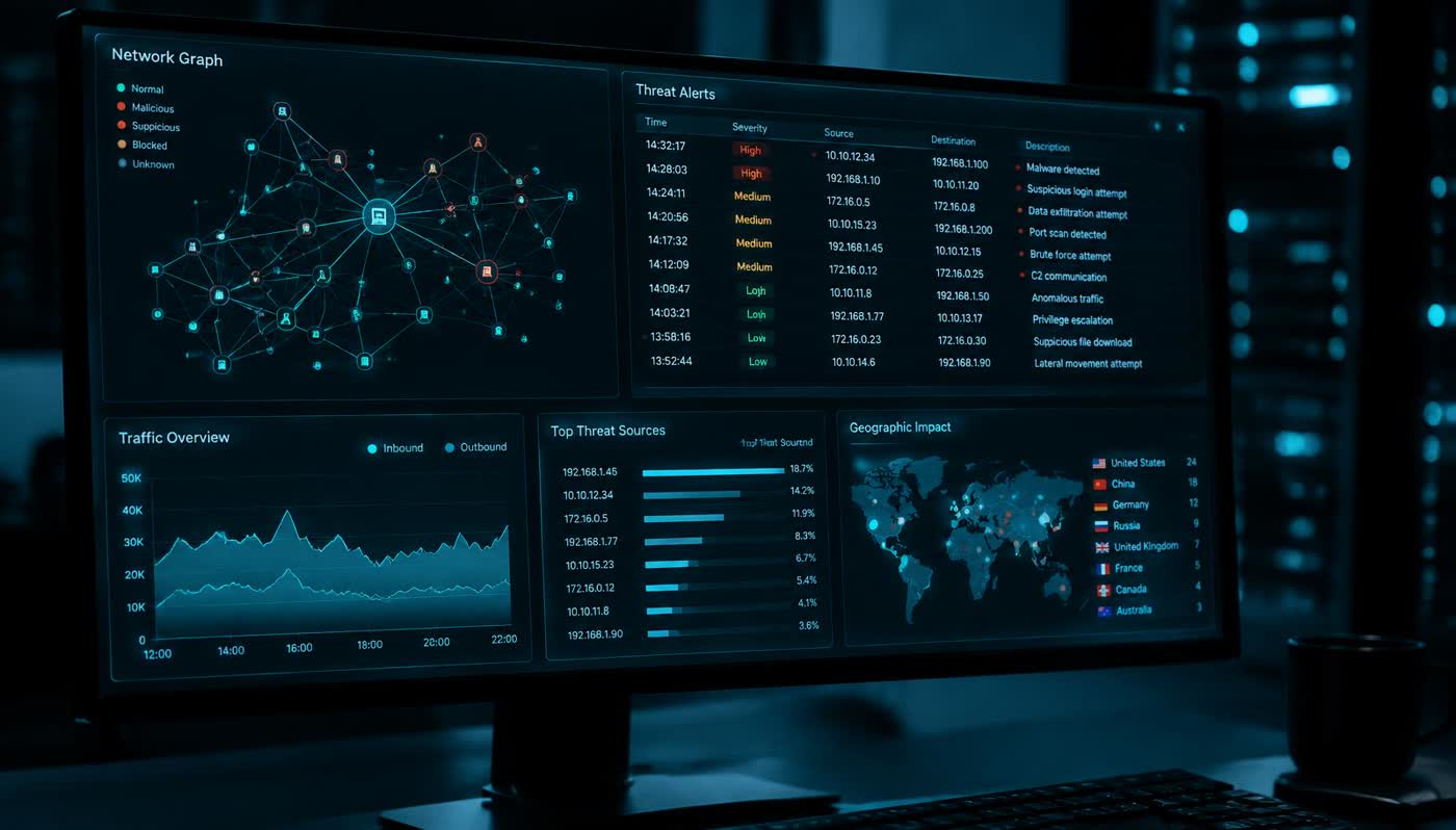 Cyber security dashboard showing network activity on a monitor