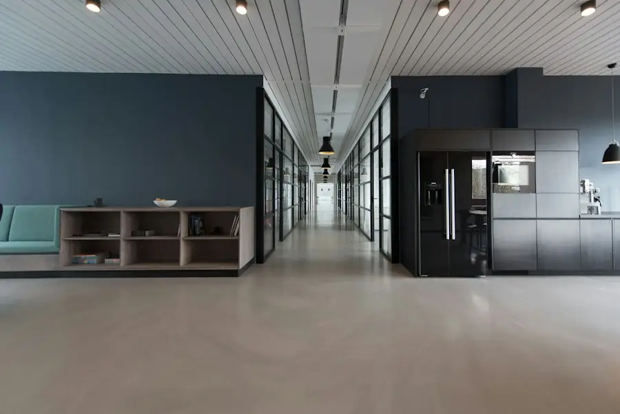 Modern office corridor with glass meeting rooms