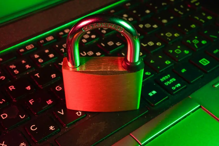 Red padlock resting on a glowing keyboard