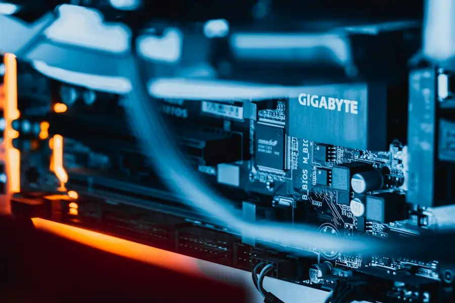 Close-up of a computer motherboard lit in blue
