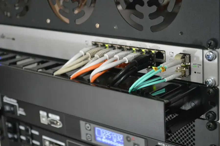 Fibre optic cables plugged into a server