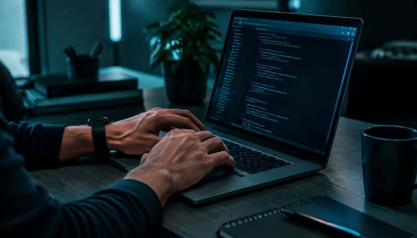 Technician's hands working on a laptop in a small office