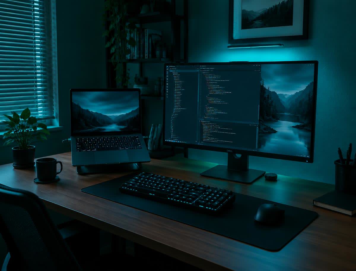 Tidy desk with a laptop, monitor and keyboard