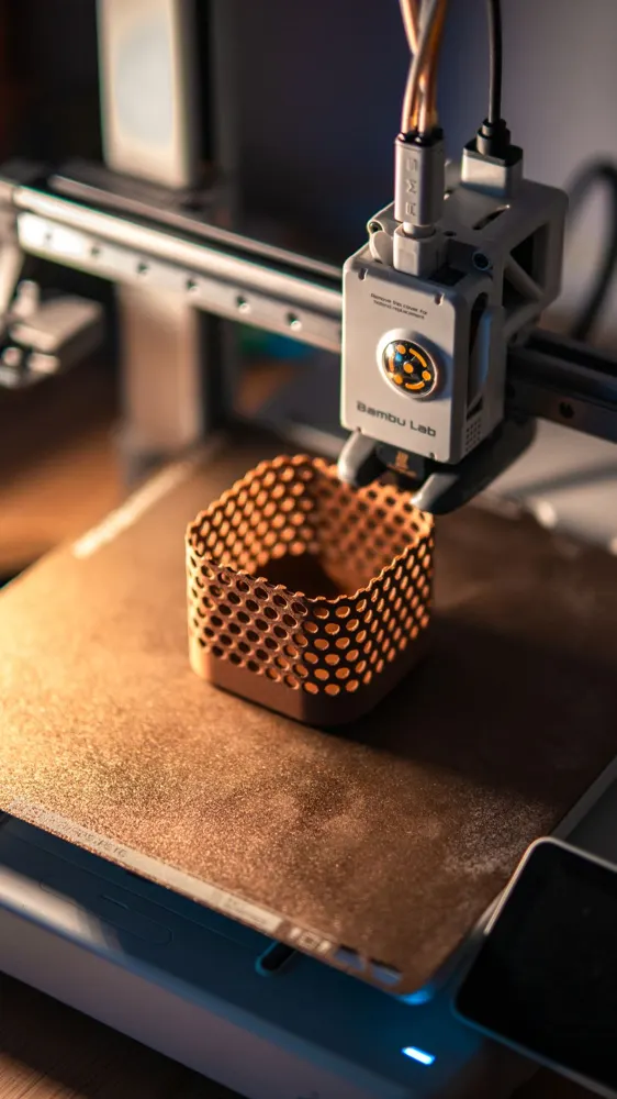 3D printer printing a hexagon lattice pot
