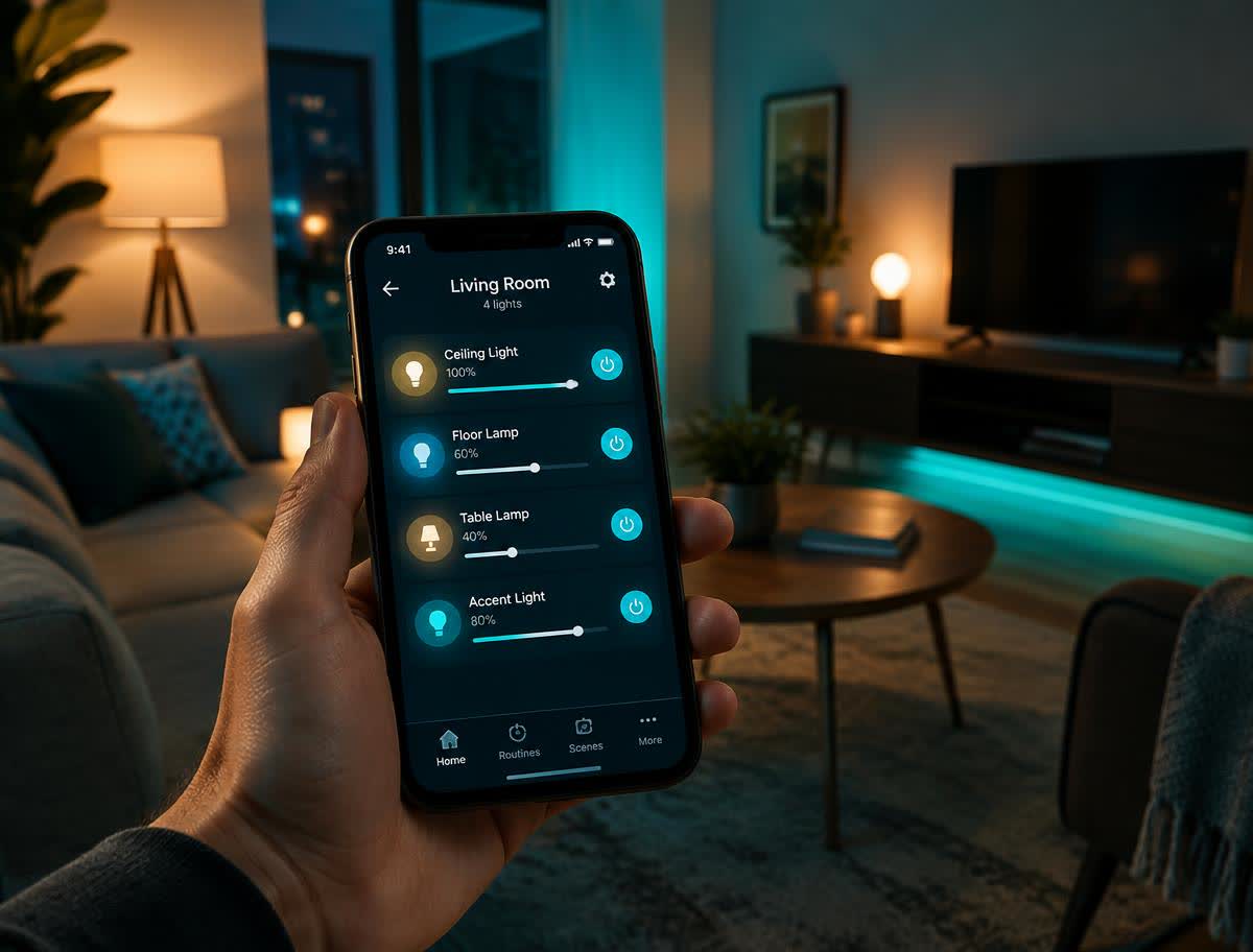 Phone app controlling living room lights